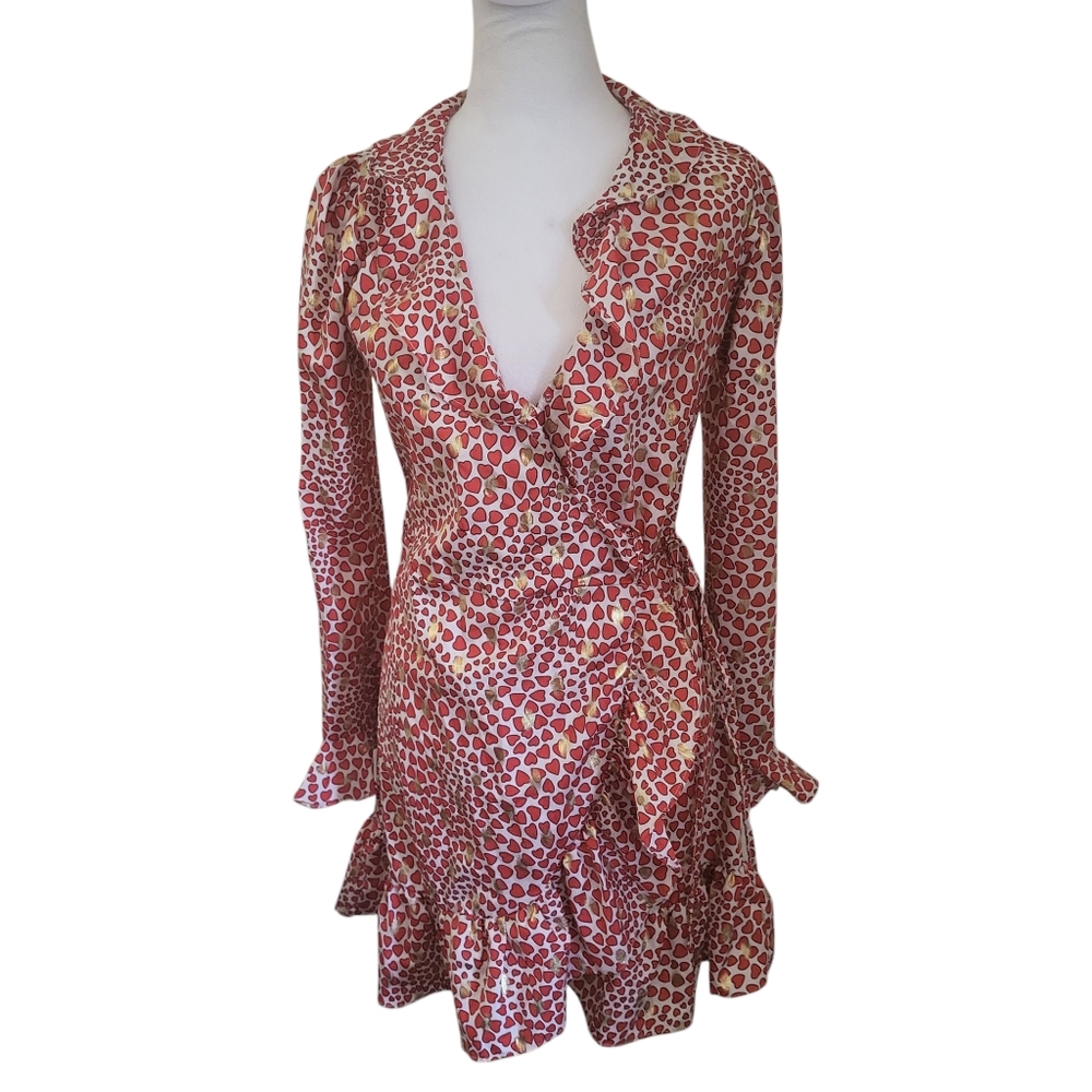 Nasty Gal Heart Ruffle Wrap Dress White/Red sz S